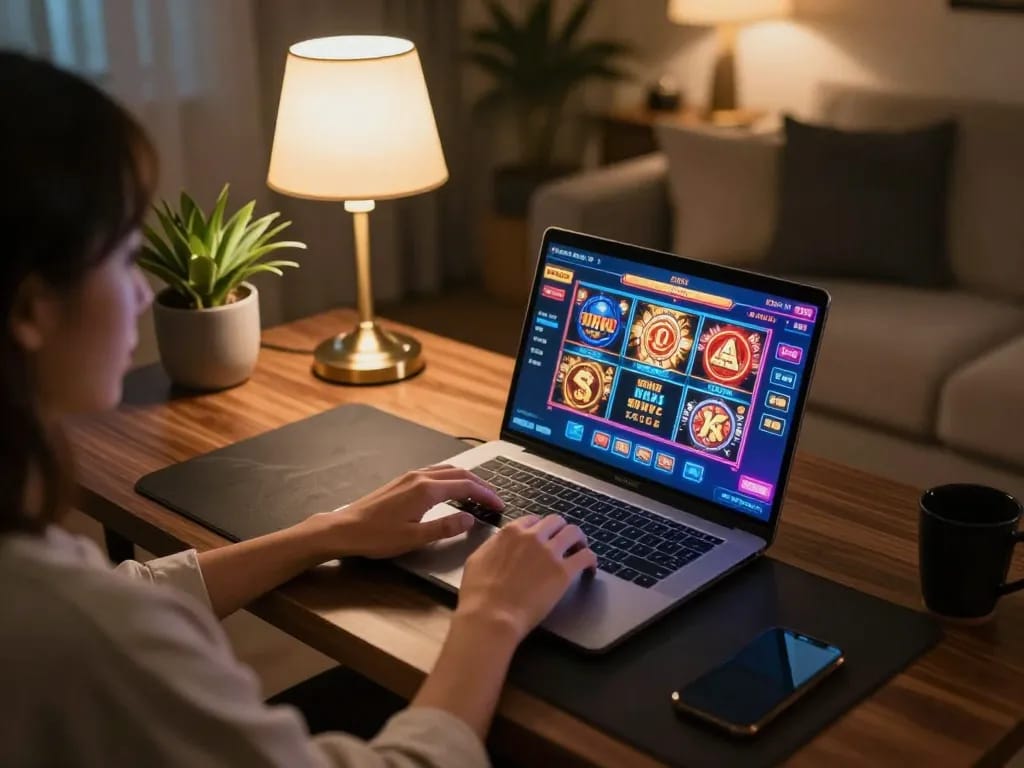 O8 hair gaming enthusiast strategizing bankroll management at home gaming station.