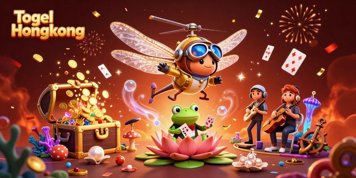 Togel Hongkong showcases a vibrant illustration featuring a dragonfly pilot and frog croupier in a lively casino scene.