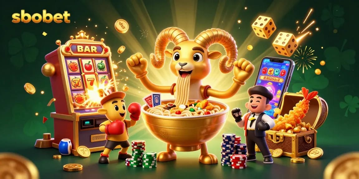 Experience sbobet with vibrant gaming elements, showcasing a 3D animated casino scene filled with joy.