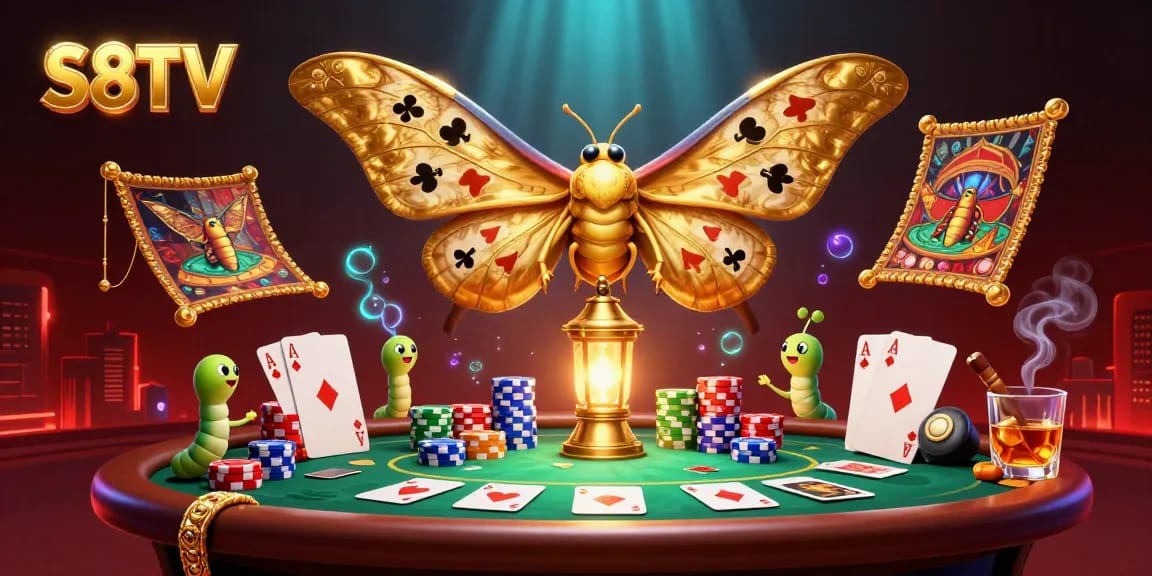S8TV showcases a vibrant 3D illustration with a golden moth amidst casino elements, embodying gambling excitement.