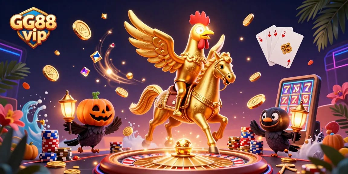 Engage with GG88 vip at a captivating midnight casino featuring golden rooster and treasures