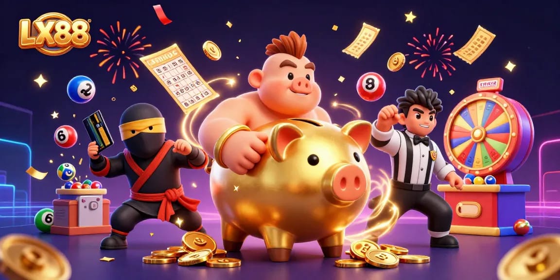 Engage with LX88's exciting casino world featuring a golden piggy bank sumo wrestler surrounded by dynamic gaming elements.