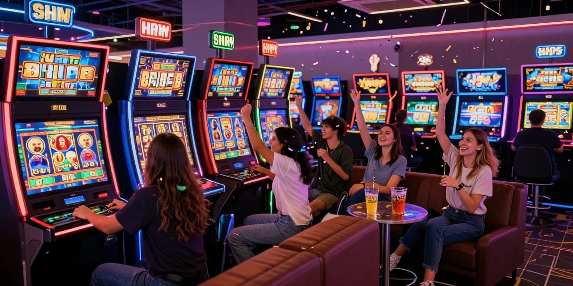 Group of friends enjoying HWGSLOT at a modern digital casino, celebrating a jackpot win amidst vibrant gaming machines.