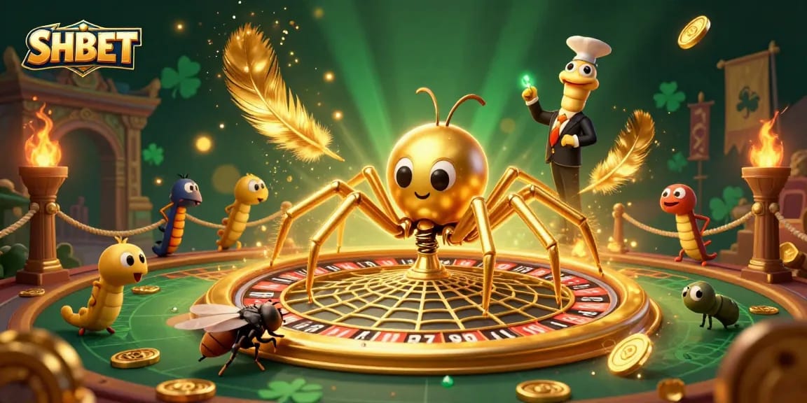 Experience the thrill of SHBET with a golden spider and centipede croupier in a lively casino setting.