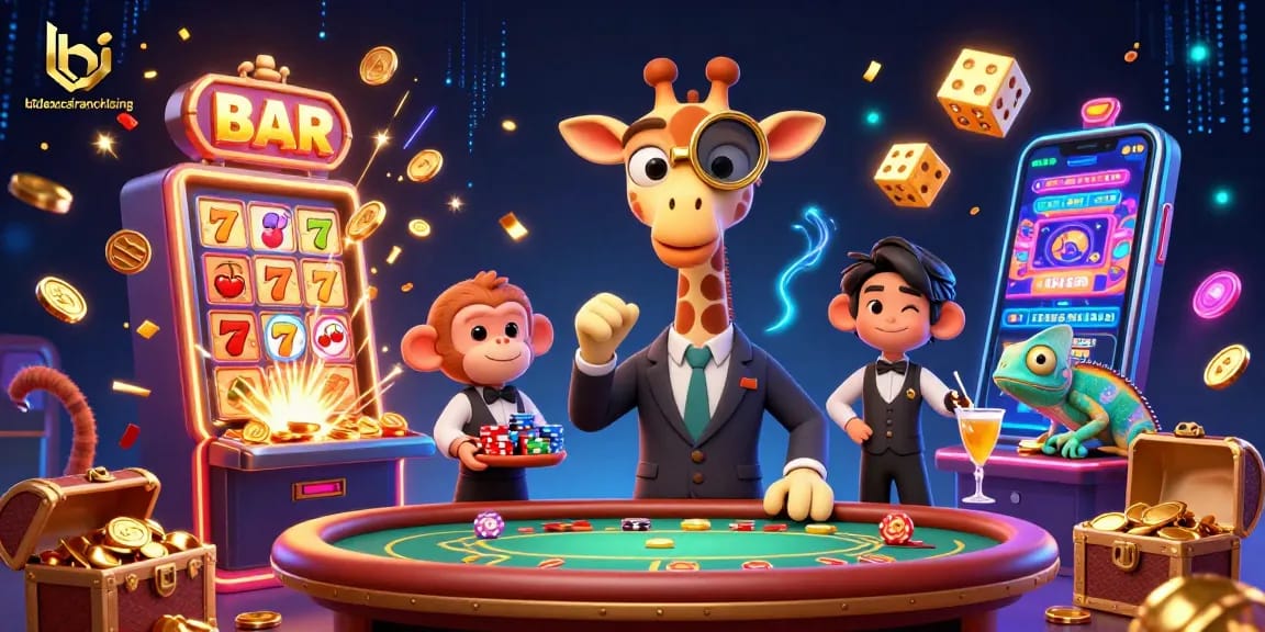 Experience the excitement of bidexecsfranchising with a vibrant casino scene featuring a high-roller giraffe at a poker table.