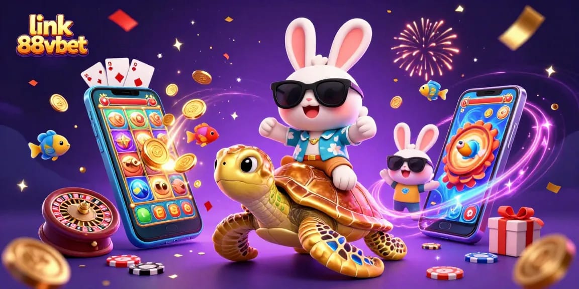 Experience the thrill with link 88vbet featuring a lucky rabbit and golden sea turtle amidst casino excitement.