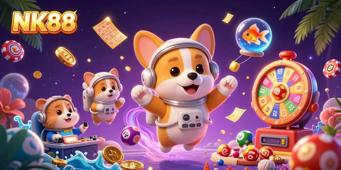 Engage in thrilling gambling with NK88 as a corgi astronaut navigates the cosmic casino.