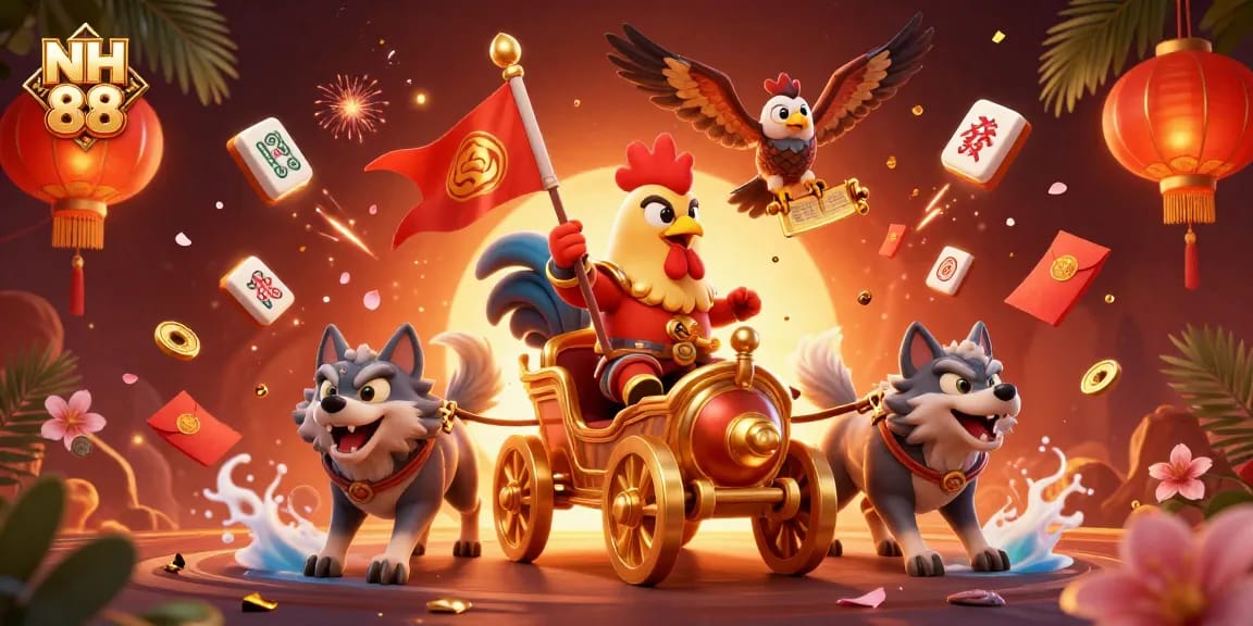 Experience NH 88's thrilling gaming adventures with a vibrant casino-themed illustration featuring iconic characters.