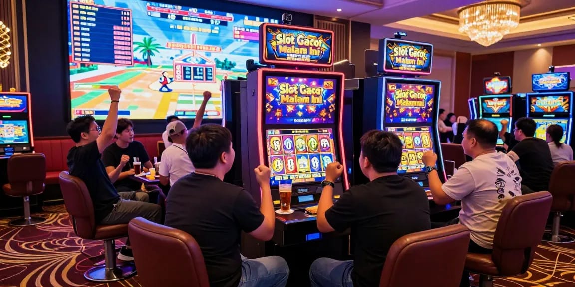 Exciting Slot Gacor Malam Ini gaming scene with players celebrating wins and colorful casino atmosphere.