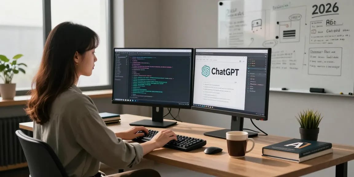Tech workspace showing a developer exploring ChatGPT alternatives amid coding setup for 2026.