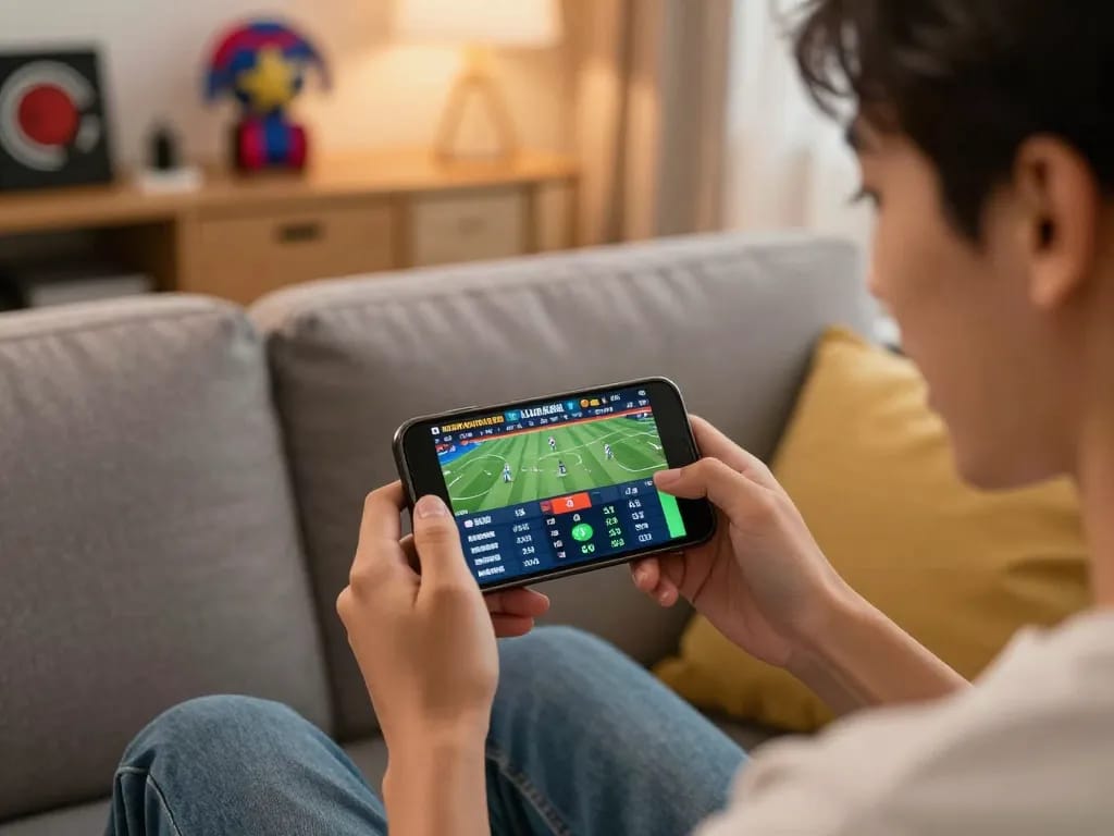 Engaging online sports betting scene with gk88 user excitedly placing bets via smartphone.