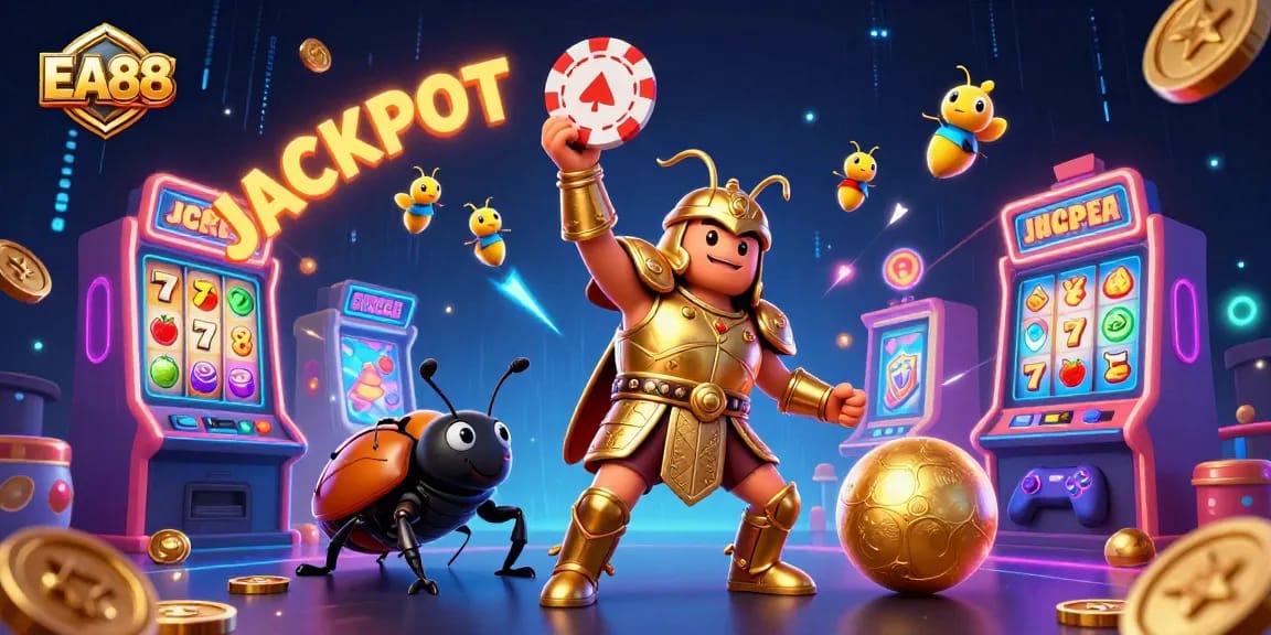 Spin the jackpot with EA88 in a colorful casino scene featuring dynamic characters and vibrant slot machines.