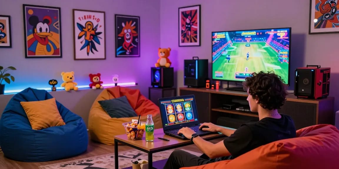 Exciting Cleocatra no Brasil gaming setup in a vibrant room with colorful LED lights and a cozy seating area.