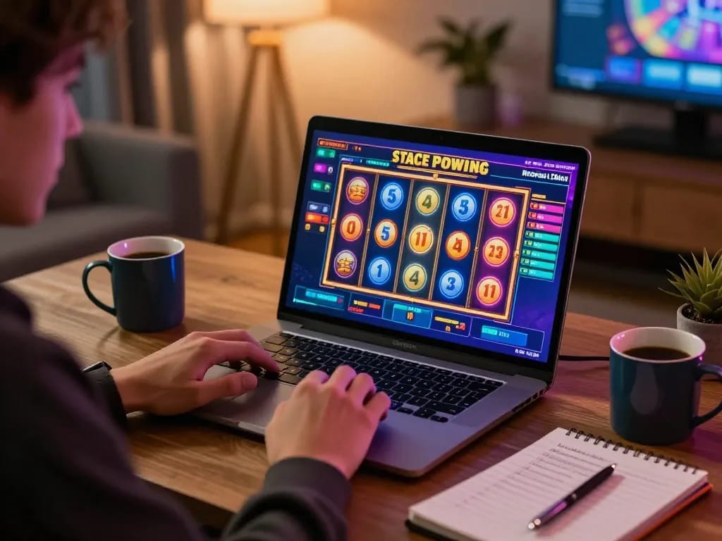 Playing slot online with vibrant game interface on laptop during cozy home gaming session