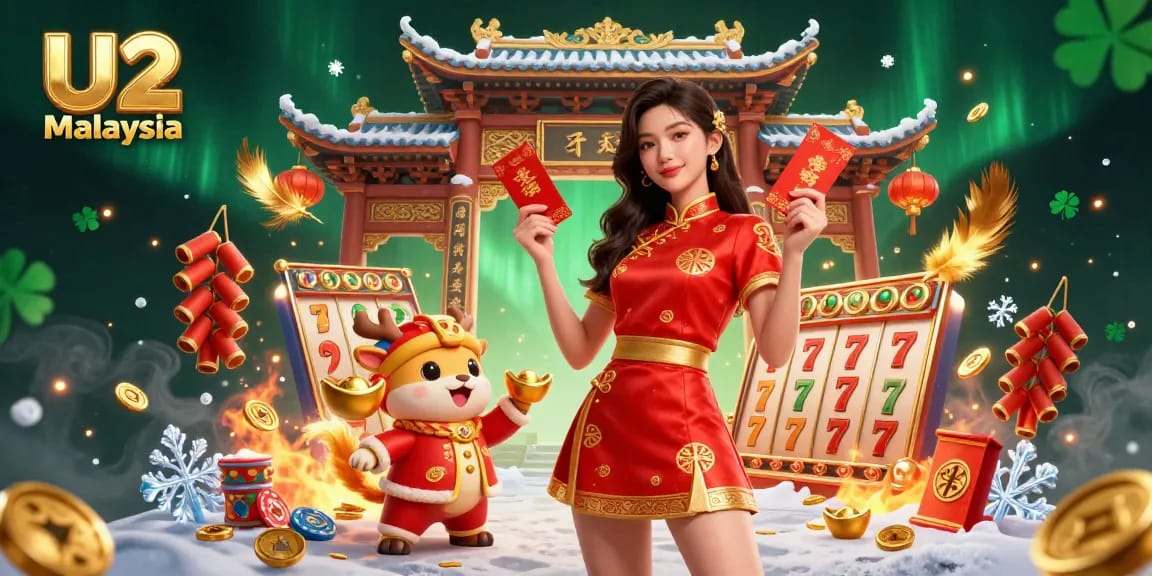 Engaging scene showcasing U2 Malaysia's vibrant gaming experience with slot elements and festive illustrations.