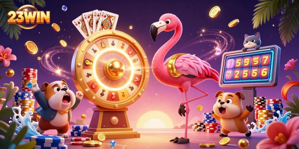 Engage in rewarding gaming experiences with 23WIN's vibrant casino illustration featuring interactive elements.