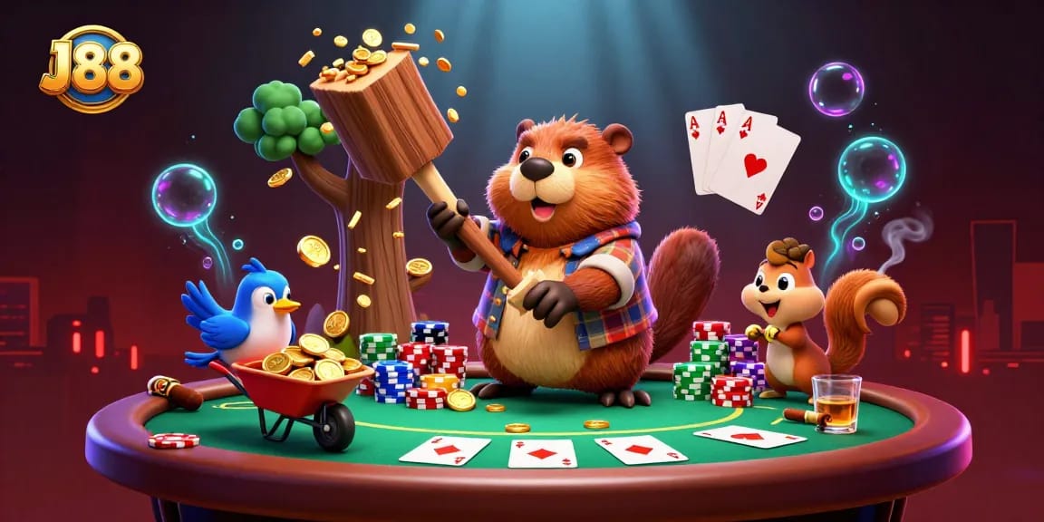 Engage with J88's gaming excitement: a dynamic scene of cartoon characters enjoying poker elements.
