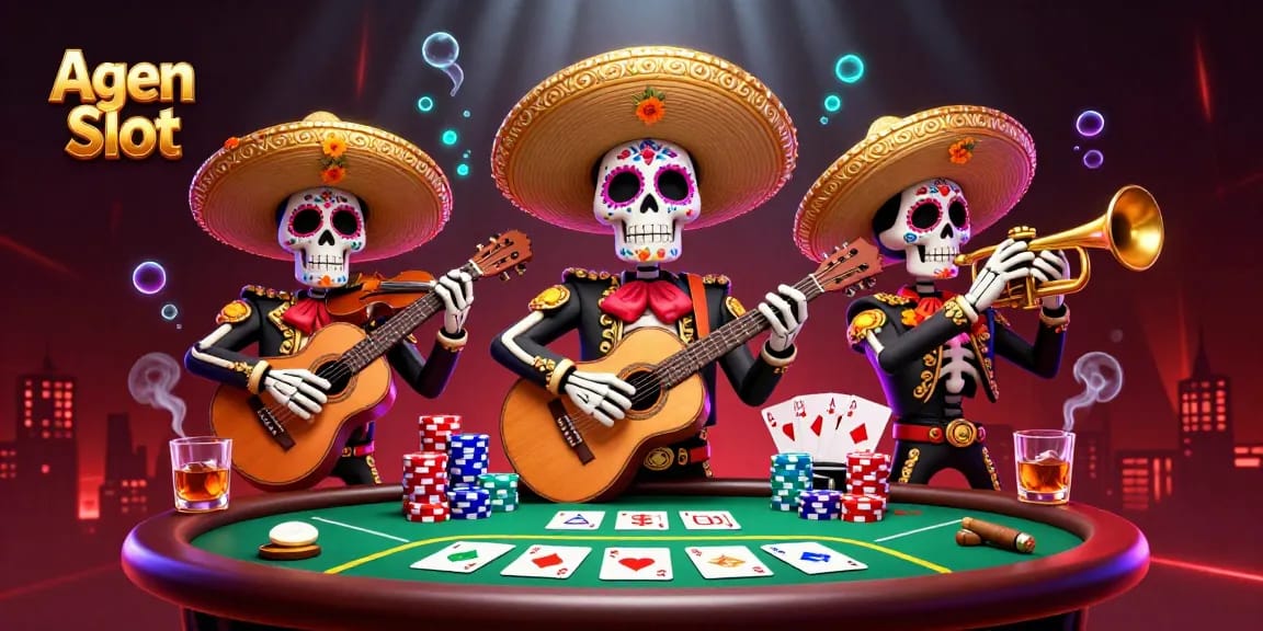 Agen Slot thrills with a vibrant 3D mariachi band playing around poker elements, showcasing excitement.