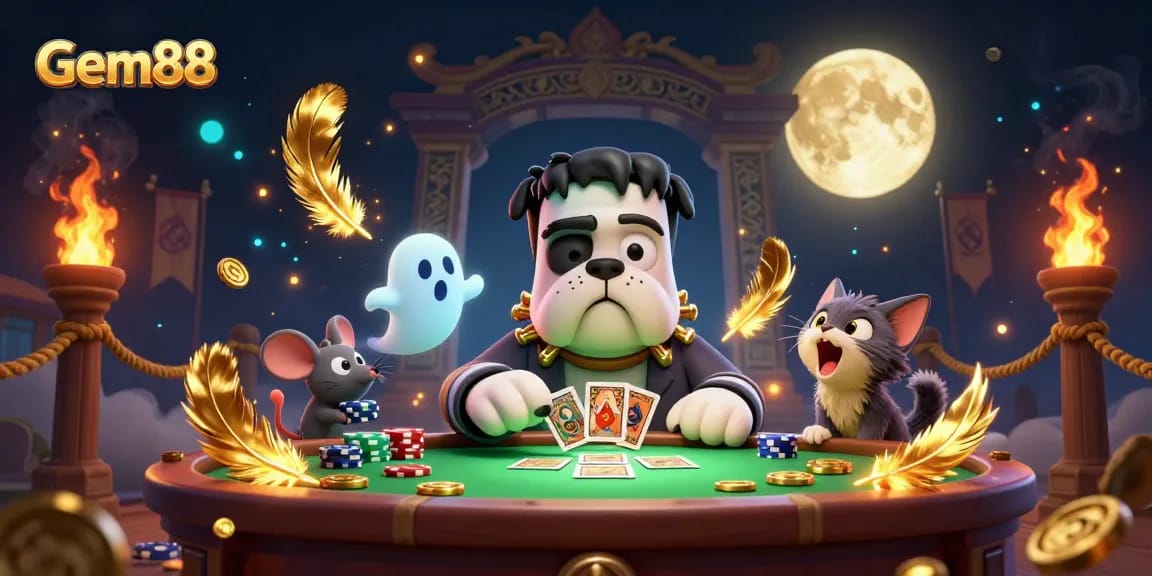 Play thrilling games at Gem88 with a bulldog dealer, gold moon, and ghostly chips.