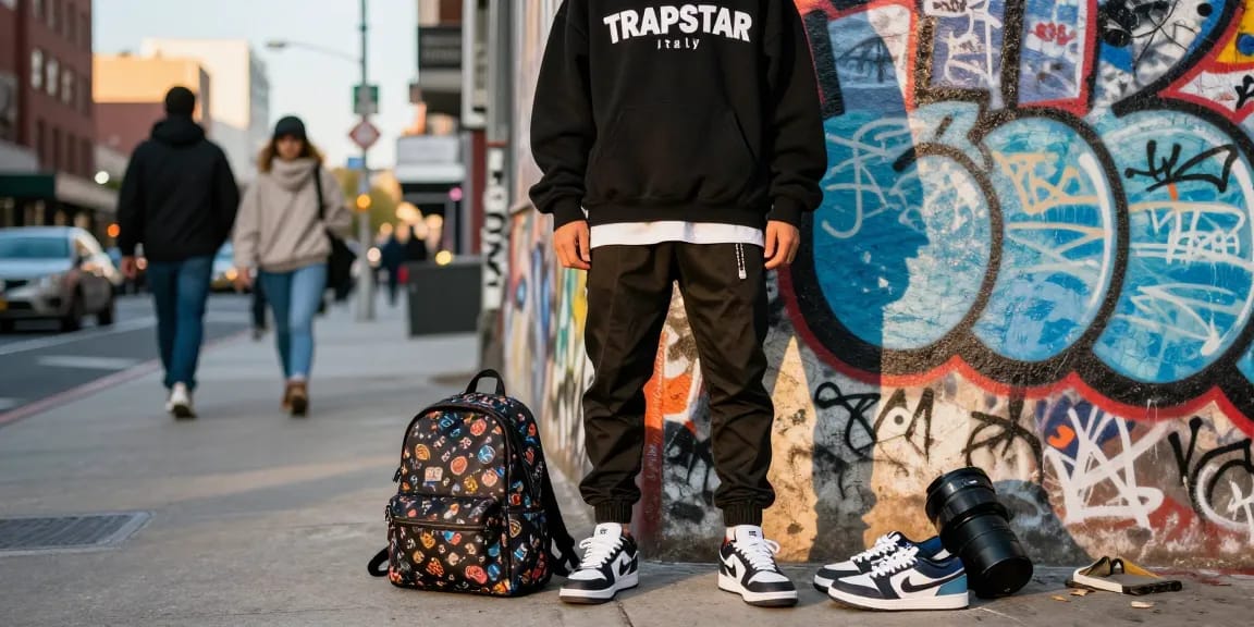 Scena della moda streetwear di Trapstar Italy che ritrae uno stile urbano con abbigliamento alla moda.