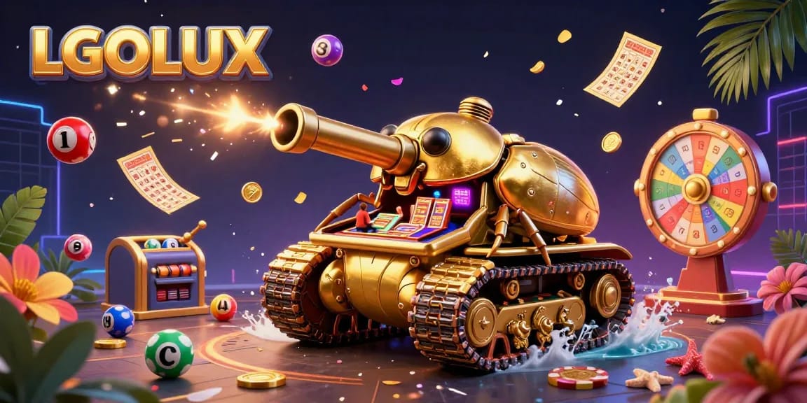 Experience thrilling wins at LGOLUX with a vibrant scene showcasing a golden beetle tank casino and lively jackpot games.