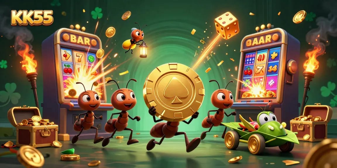 Engage with KK55 through vibrant 3D illustration showcasing ants and golden chips.