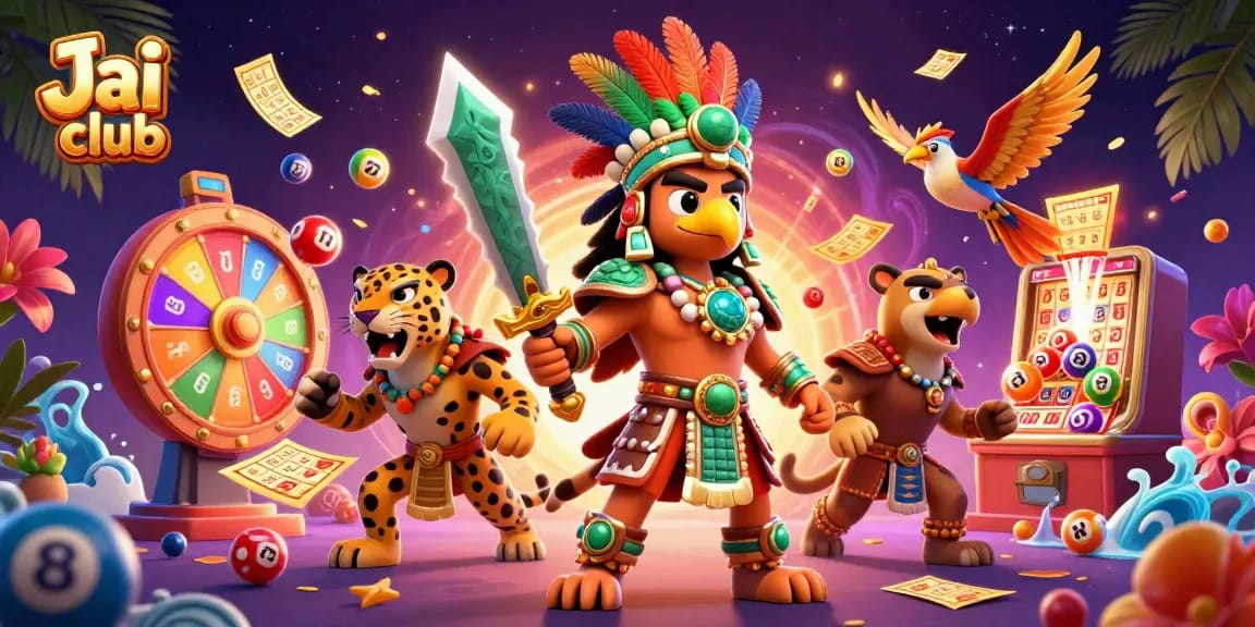 Engage with Jai club's vibrant gaming world through a 3D illustration of heroic warriors amidst lottery games and prizes.