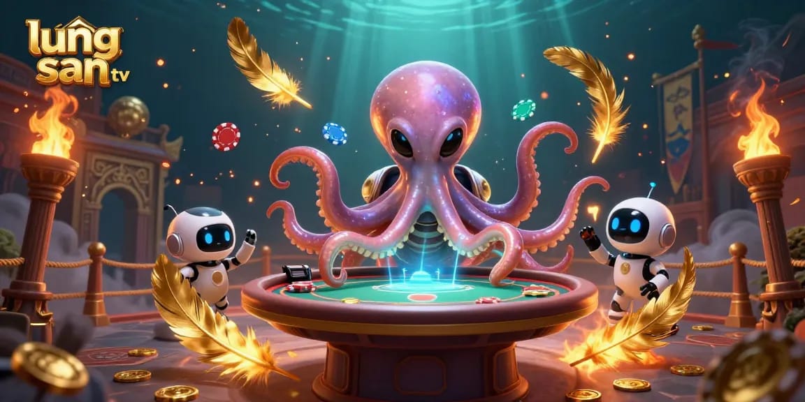 Experience thrilling games with lương sơn tv featuring an alien octopus at a holographic poker table.