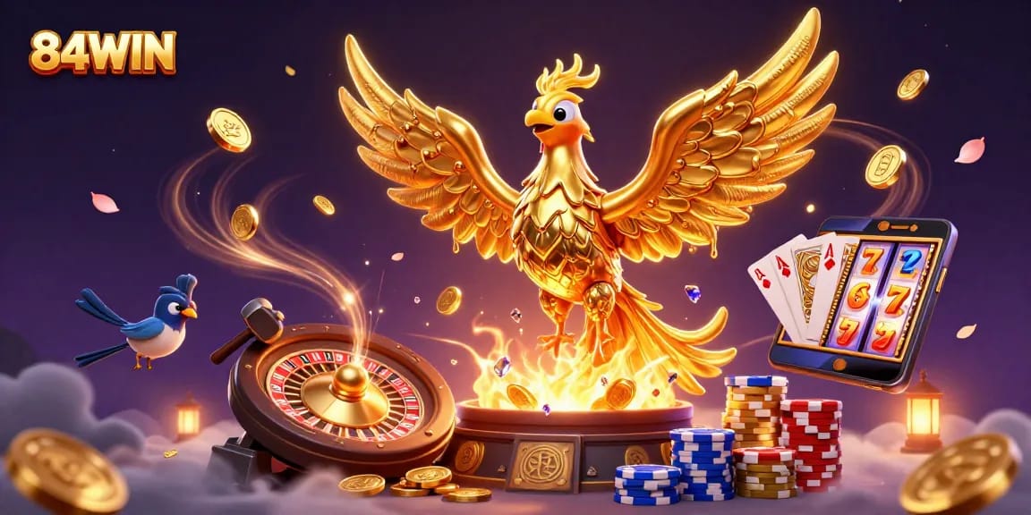 Experience 84WIN's vibrant casino atmosphere with a majestic molten phoenix and sparkling gems.