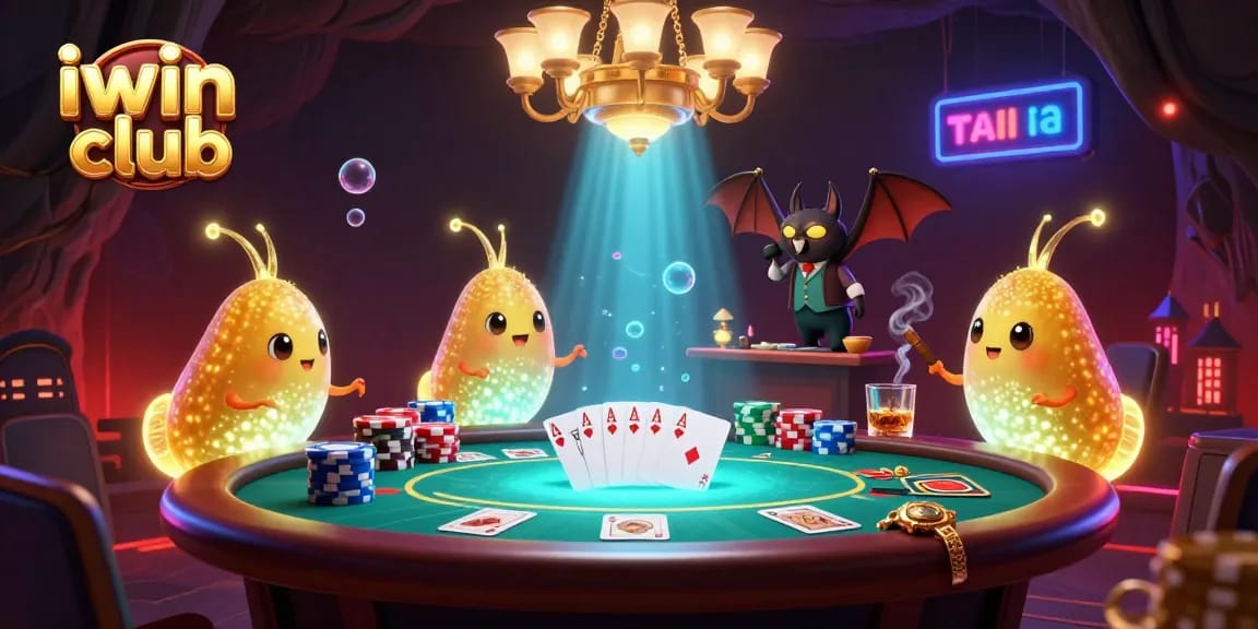 Illuminate your game at iwin club with vibrant glowworms in a bustling cave casino scene.