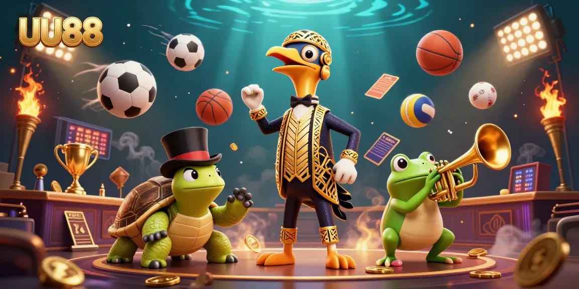 Engage with exciting games at UU88, featuring dynamic sports elements and vibrant casino characters.