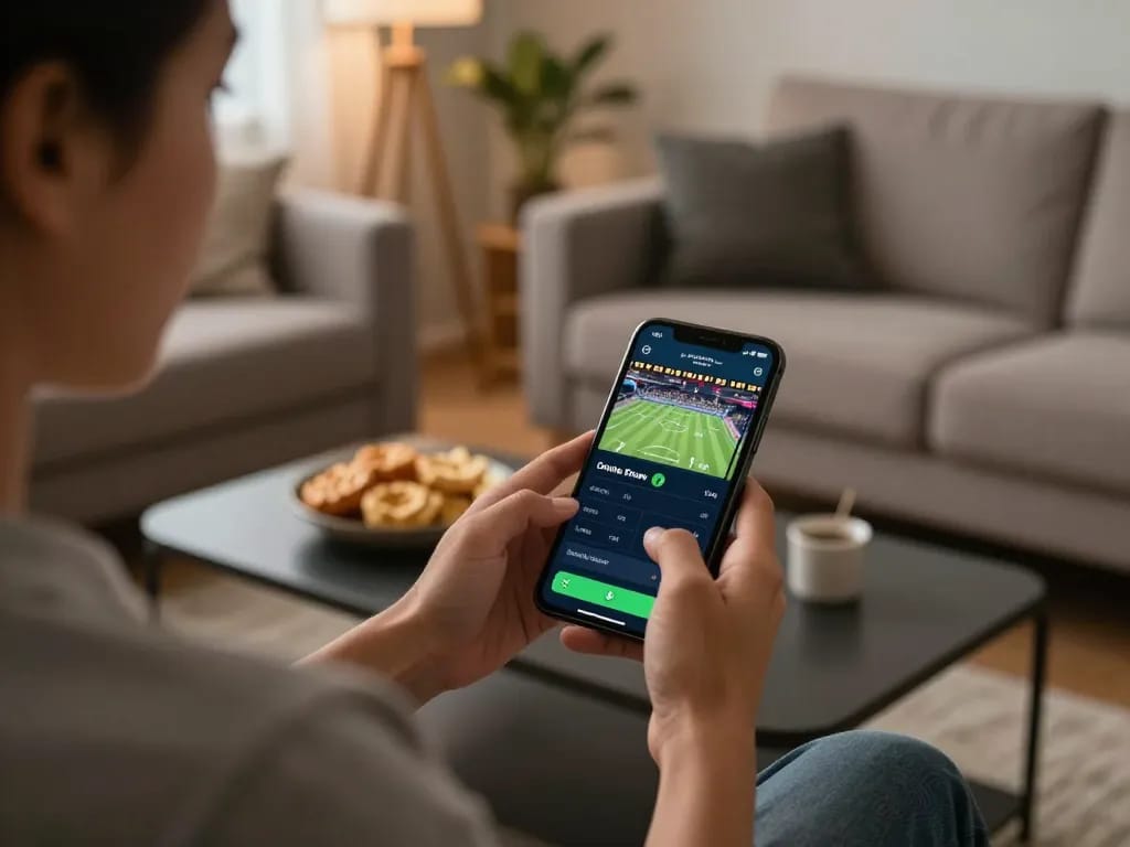 Player using LC88 app for sports betting on smartphone in cozy home environment