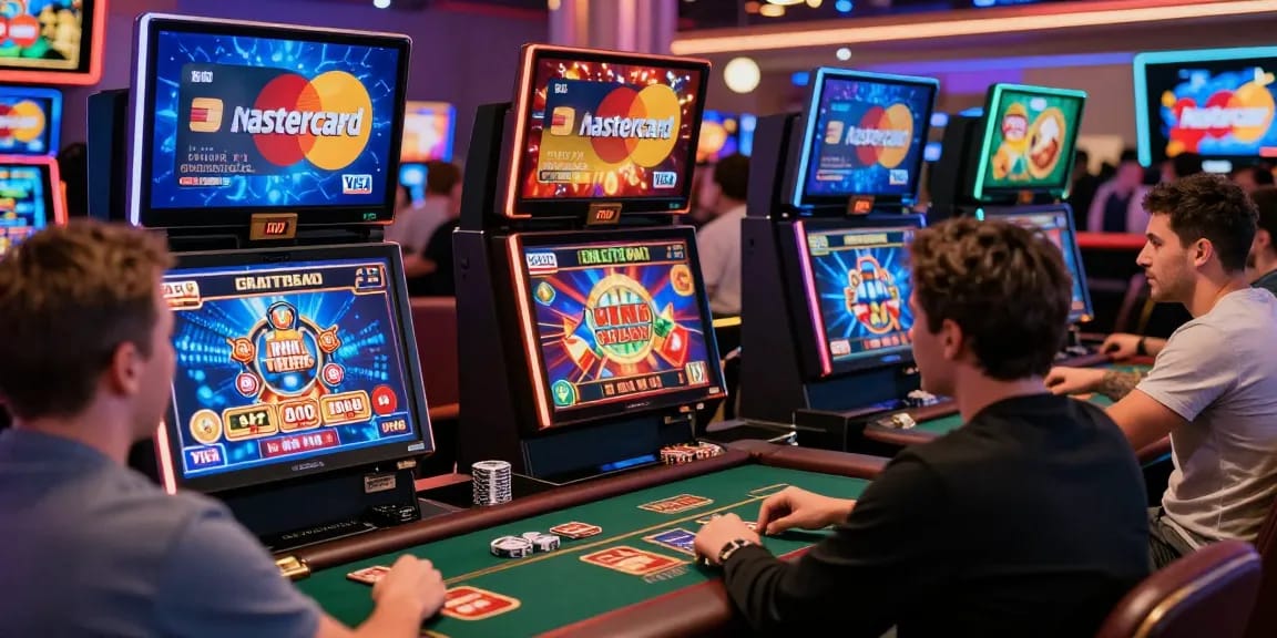 Exciting scene of players enjoying games at credit card casinos UK, showcasing Mastercard and Visa, vibrant casino atmosphere.