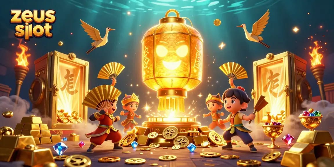 Experience the thrill of zeus slot with glowing lantern spirit and gold treasures in this vibrant casino scene.