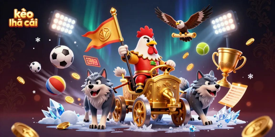 Engage in kèo nhà cái sports betting with a dynamic 3D cartoon illustration featuring a rooster warlord.