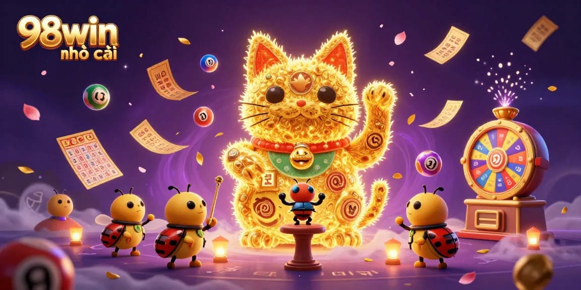 Experience winning at 98win nhà cái with vibrant 3D casino symbols and colorful lottery elements.