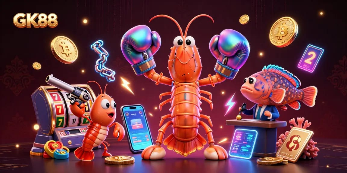 Join GK88 in an electrifying casino adventure surrounded by digital crypto and vibrant gaming elements.