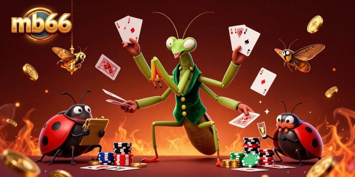 Engage in thrilling poker action with mb66 featuring a colorful mantis dealer and lively game elements.