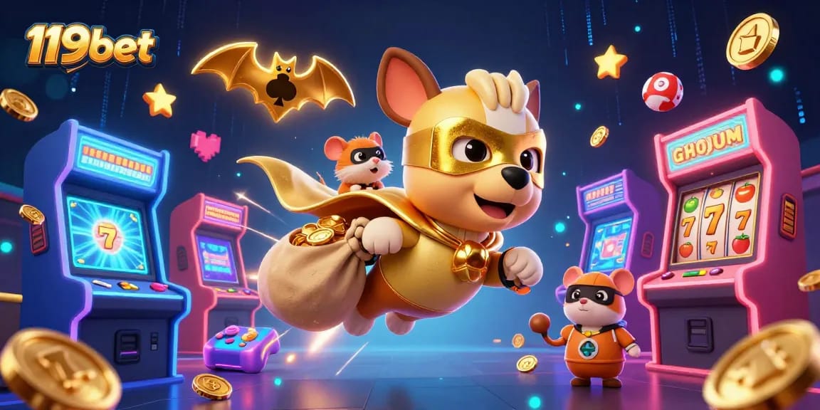 Experience thrilling gaming with 119bet, where a superhero dog and sidekick celebrate wins amidst vibrant casino elements.