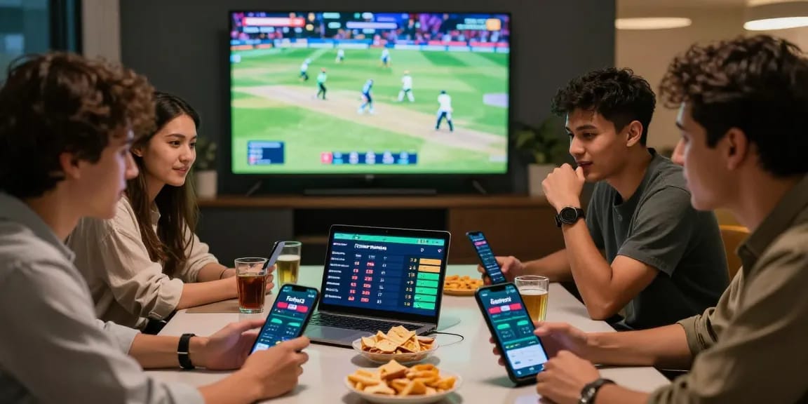 Live cricket betting with friends on Fairplay24, showcasing excitement and engagement in a modern setting.
