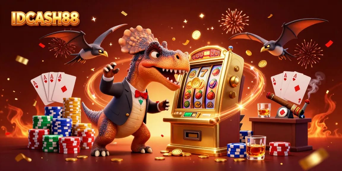 Experience the thrilling IDCASH88 jackpot as a dinosaur headbutts the slot machine to win coins.