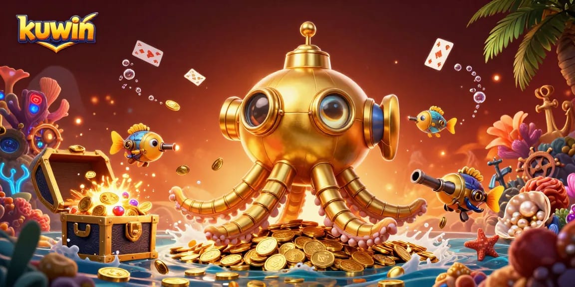 Kuwin's colorful underwater adventure showcases a golden kraken submarine amidst gold coins and treasure.