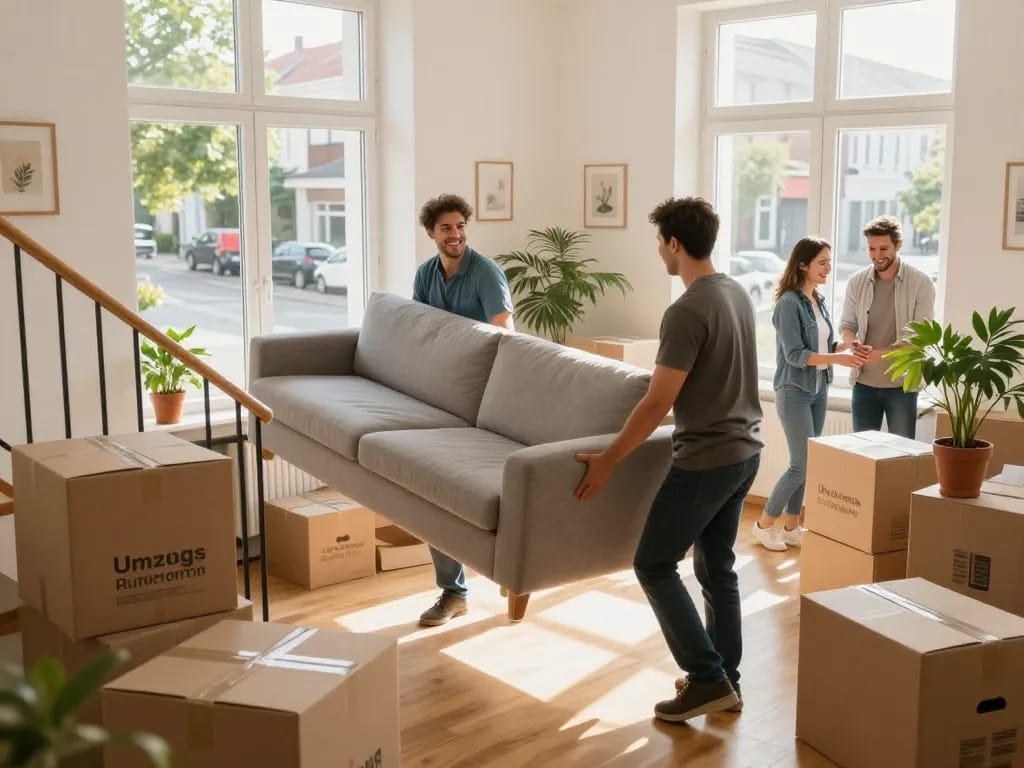 Professionelle Umzugshelfer von Umzugsunternehmen Hannover tragen ein Sofa die Treppe hinunter und sorgen für einen stressfreien Umzug.