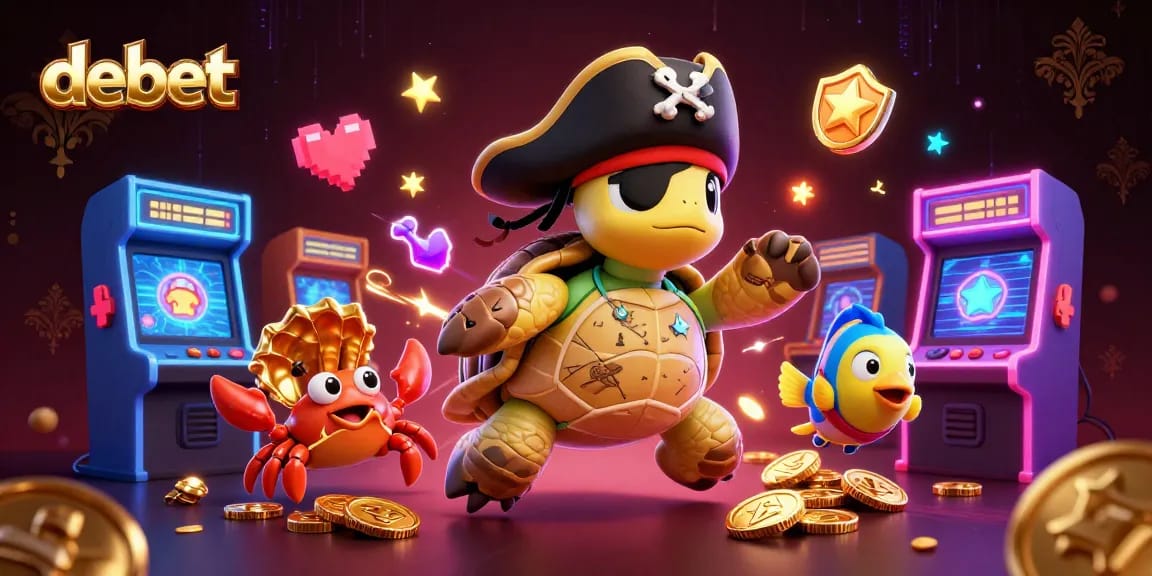 Propel your game with debet's vivid 3D casino illustration showcasing engaging characters amidst vibrant gaming elements.