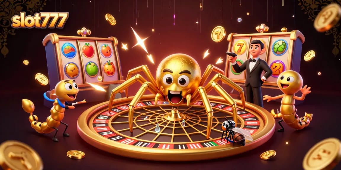 Experience slot777 with an engaging scene featuring a golden spider and casino elements.