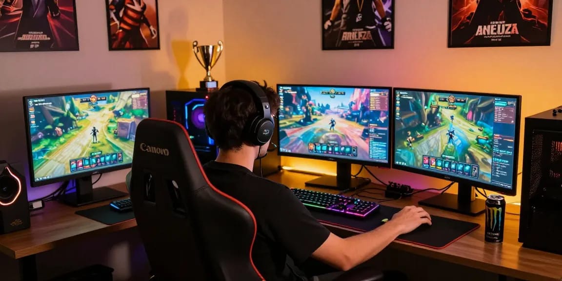 Gamer at Garuda303 enjoying a vibrant online gaming setup with multiple screens and engaging graphics.