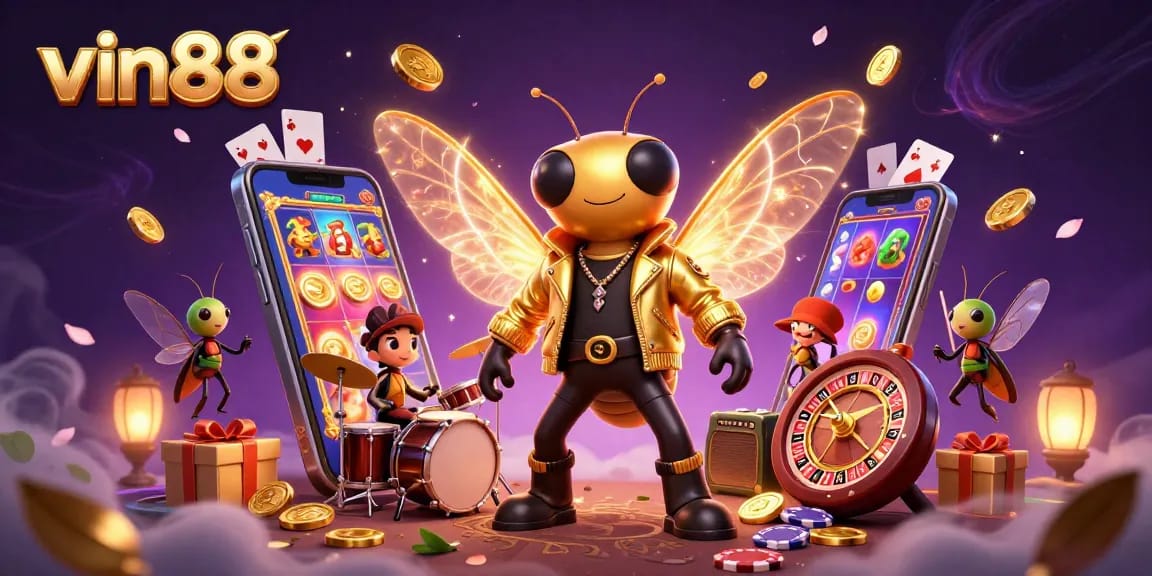 Experience the thrill of vin88 with a vibrant 3D casino scene featuring exciting game elements and lively characters.
