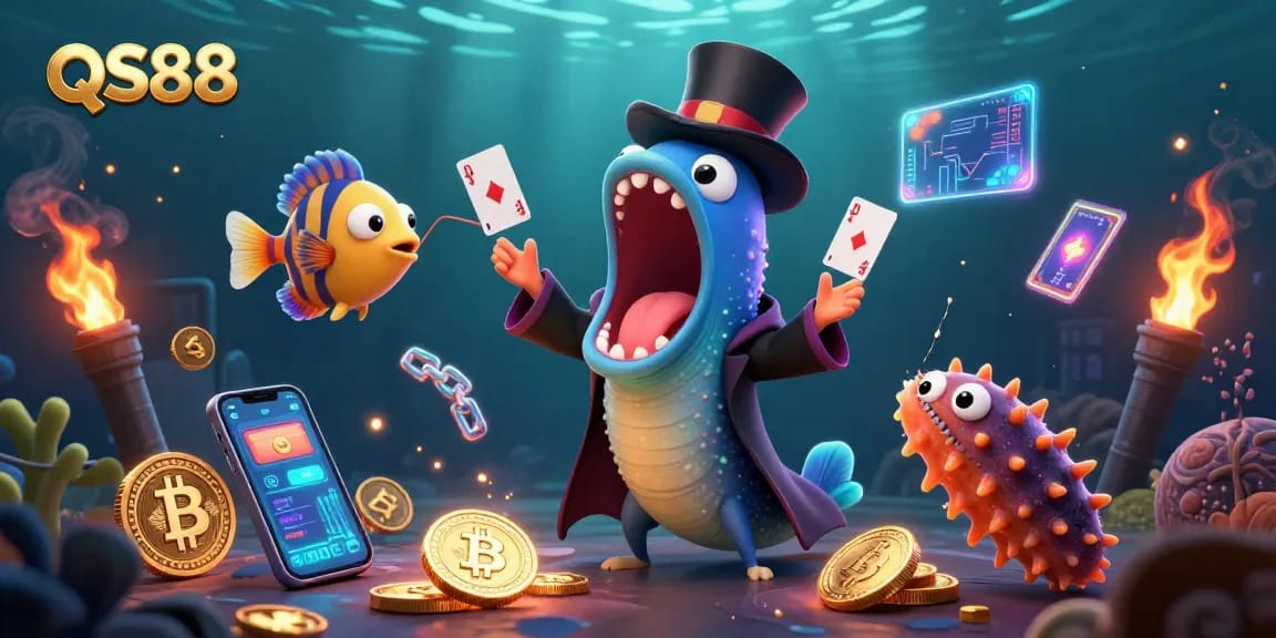 Experience the magic of QS88 with vibrant casino elements and 3D characters performing tricks.