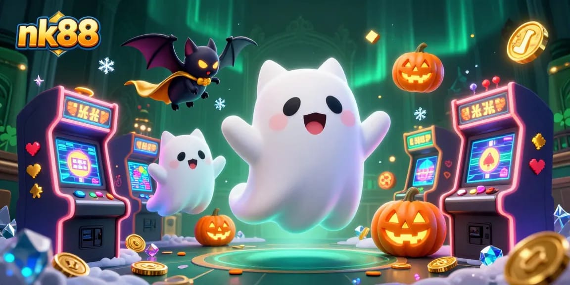 Experience thrilling gaming at nk88, where ghostly characters and vibrant slots converge in a haunted casino adventure.