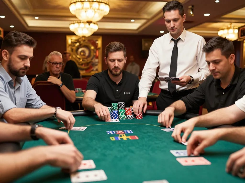 Experience intense poker gameplay with da88 strategy and colorful chips in a vibrant casino setting.